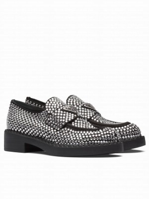 Prada Women's Chocolate Satin Loafers With Crystals White