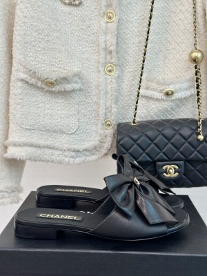 Chanel Lambskin Bow Flat Black 2024