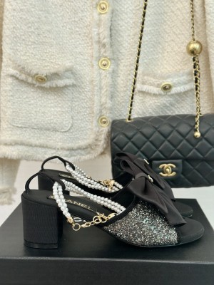 Chanel Glitter Heel 6cm Imitation Pearls G45812 Sandals Black