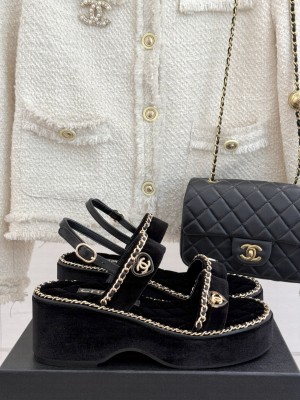 Chanel platform double C with chain sandals Black Velvet 2025