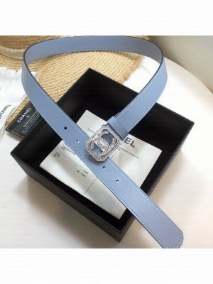Chanel Leather Belt 30mm with Framed Crystal CC Buckle Blue  2021 Collection