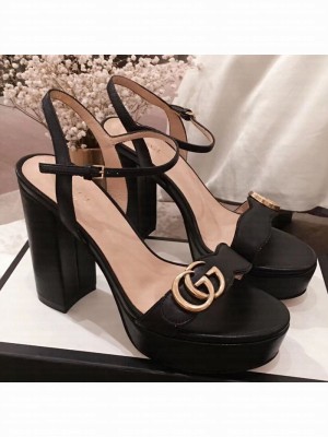 Gucci Leather Platform High-Heel Sandals with Double G 573021 Black 2019 Collection