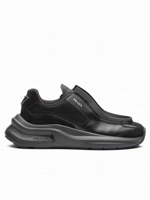 Prada Unisex Systeme Brushed Leather Sneakers With Bike Fabric And Suede Elements Black