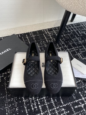 Chanel Striped Fabric Mary Janes Flat Ballet G45503 Black 2024