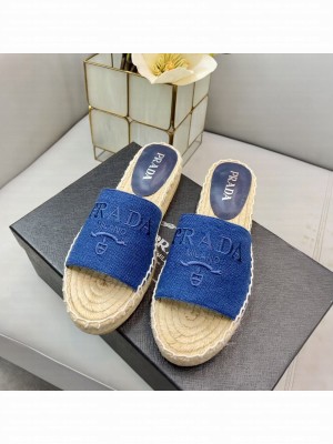 Prada Linen Logo  Embroidered Slides Espadrilles Flats 2022 Collection Blue