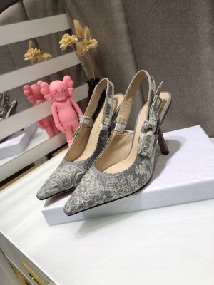 Dior J'Adior Slingback Pumps 9.5cm in Grey Toile de Jouy Reverse Embroidered Cotton 2021 Collection 
