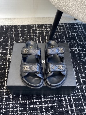 Chanel Grained Calfskin Velcro Dad Slide Sandals Black 2025