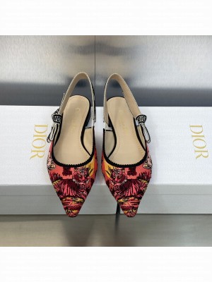 Dior J'Adior Slingback Flat Pink Multicolor Embroidered Cotton with Toile de Jouy Voyage Motif
