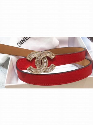 Chanel Width 2cm Crystal CC Logo Buckle Leather Belt Red