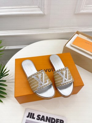 Louis Vuitton Starboard Flat Slide Sandal in LV Raffia and Leather 2023 Silver