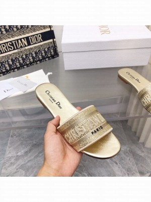 Dior Dway Slide With Crystal Embroidered Cotton Gold 2022 Collection