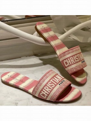 Dior Dway Flat Slide Sandals in Pink D-Stripes Embroidered Cotton Spring/Summer 2021 Collection 42