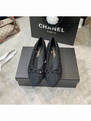 Chanel Ballerina Flats Tweed/Suede Leather Spring/Summer 2021 Collection,Black