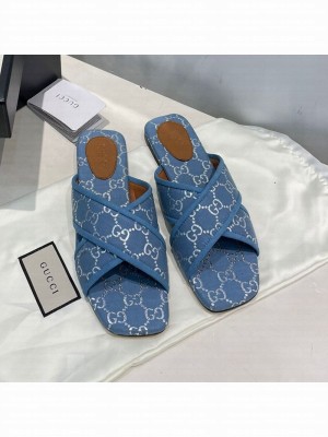 Gucci Silver Lamé Canvas Cross Slide Sandals Light Blue 2021 Collection