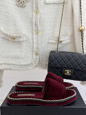 Chanel flat CC with chain slippers burgundy velvet 2025