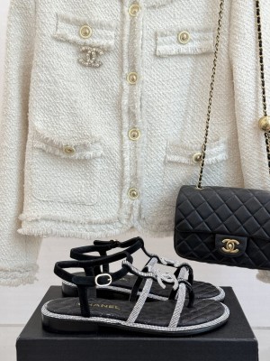 Chanel Suede CC with Rhinestones Thong Sandals Black 2025 