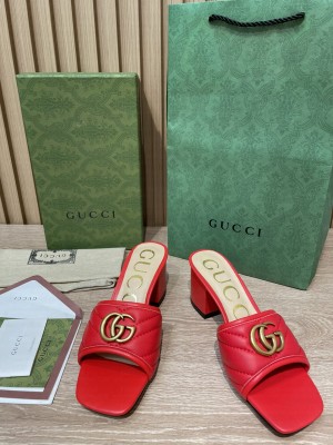 Gucci Double G Chevron Matelassé leather 5.5cm ‎Slide Sandals 2022 Collection,Red