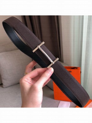 Hermes H D'Ancre Reversible Leather Buckle Belt 32mm Coffee/Silver 2019 Collection