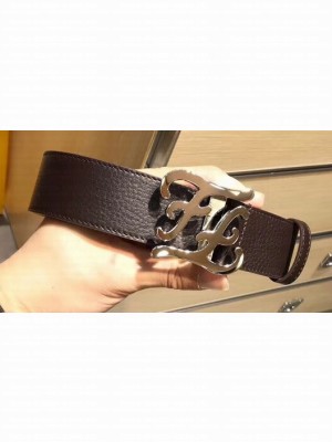 Fendi Width 4cm Leather Belt with FF Karligraphy Buckle Coffee/Silver