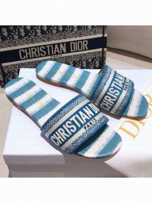 Dior Dway Flat Slide Sandals in Ocean Blue D-Stripes Embroidered Cotton Spring/Summer 2021 Collection 41