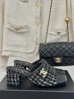 Chanel Tweed & Calfskin Heel Slide Mule Black 2024
