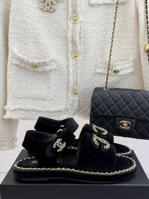 Chanel flat double C with chain sandals black velvet 2025