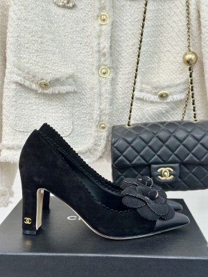 Chanel Women's 8cm Heel Camellia Suede & Leather Pumps Black 2024