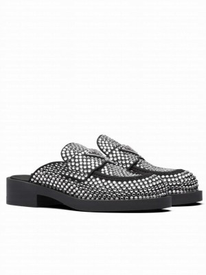 Prada Women's Satin Mules With Crystals Black