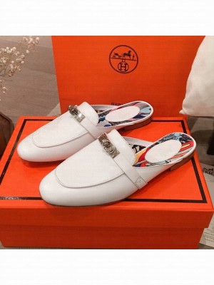 Hermes Classic Kelly Calfskin Flat Mules White 2020 Collection