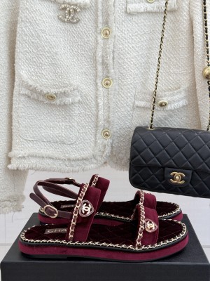 Chanel flat double C with chain sandals burgundy velvet 2025