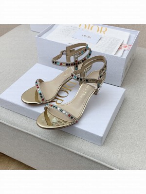 DIOR HEEL 6.5CM GEM SANDALS IN COTTON EMBROIDERED WITH THREAD AND MULTICOLOR SQUARE METALLIC GOLD 2022 COLLECTION