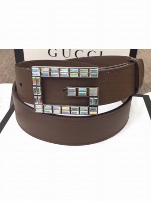 Gucci Width 3.5cm Leather Belt Brown with Crystals Square G Buckle
