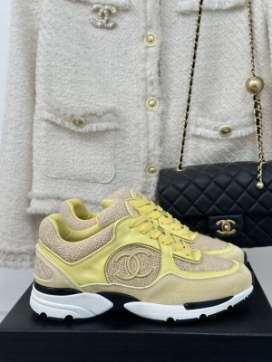 Chanel Wool Tweed, Calfskin & Suede Sneakers Navy Yellow G39066 Sneakers 2024 
