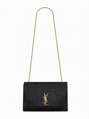 Saint Laurent Reversible Kate Medium In Crocodile-Embossed Leather Black