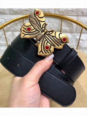 Gucci Width 4cm Leather Belt Black with Butterfly Buckle