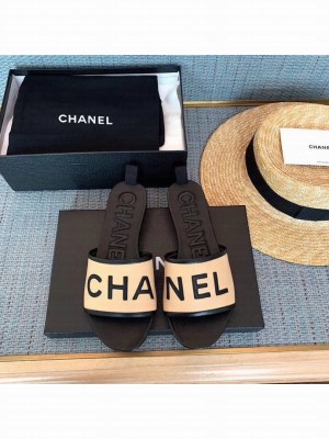 Chanel logo slippers in lambskin apricot 2019 