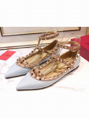 Valentino Rockstud Caged Ankle Strap Ballet Flats Ballerinas in Patent Leather Light Blue