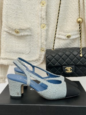Chanel Strass & Grosgrain Slingback Pumps 9.5cm Light Blue 2024 