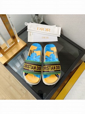 Dior Dway Flat Slide Sandals in Beige Multicolor D-Flower Pop Cotton Embroidery 2022 Collection