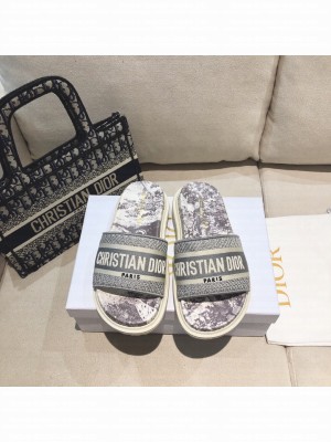 Dior Dway Slide Sandals in Grey Toile de Jouy Reverse Embroidered Cotton 2021 Collection 