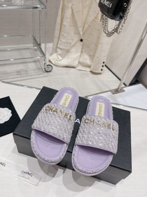 Chanel Tweed Flat Slide Sandals 2023SS Pink