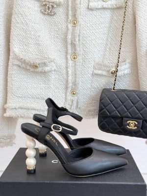 Chanel Lambskin Pearl 8cm Sandals Black 2025 