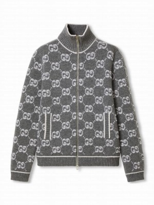Gucci Women's GG Boucle Stitch Jacquard Cardigan Gray