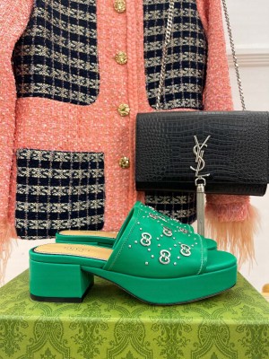 Gucci Leather Heel Platform Slide Sandals 5cm Interlocking G Studs 2023 Green