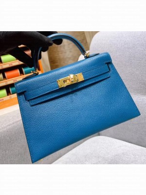 Hermes Mini Kelly II Bag in Original Chevre Leather Denim Blue