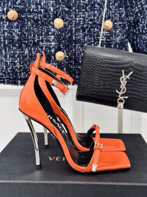 Versace Pin-Point Buckle High Heel Sandals 10.5cm in Patent Leather Orange