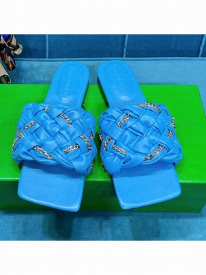 Bottega Veneta Leather Chain Woven Flat Slide Sandals Sky Blue  2021 Collection