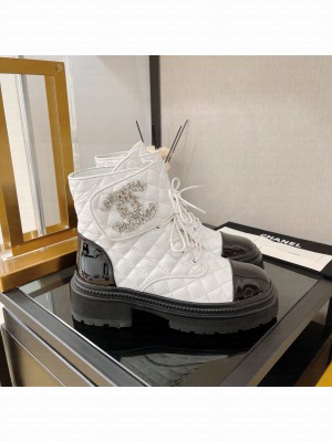 Chanel Lambskin Leather Lace-ups Ankle Boots White
