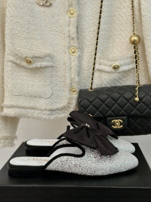 Chanel Sequins Flat Mules with Maxi Bow White 2024