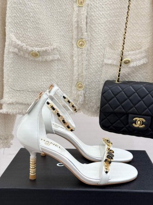 Chanel Calfskin Heel Sandals 7.5cm with Logo Charm White 2025